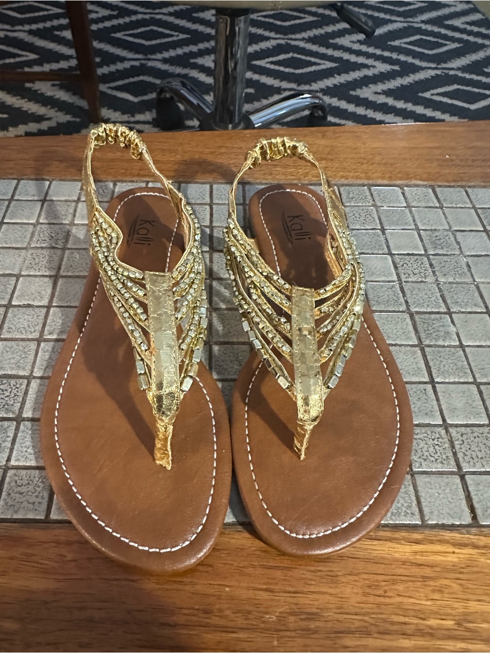 Kali Gold T-Strap Beaded Sandals